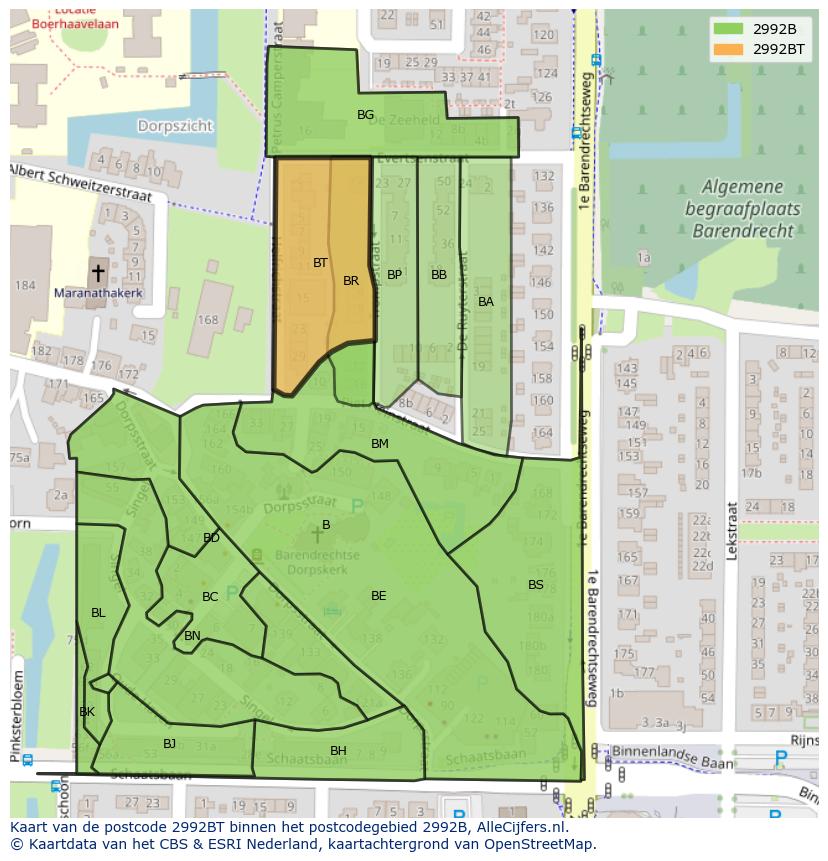Afbeelding van het postcodegebied 2992 BT op de kaart.