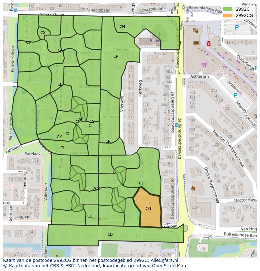 Afbeelding van het postcodegebied 2992 CG op de kaart.