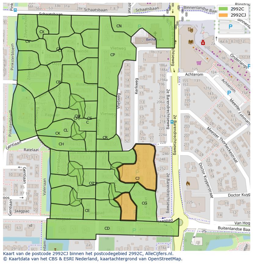 Afbeelding van het postcodegebied 2992 CJ op de kaart.