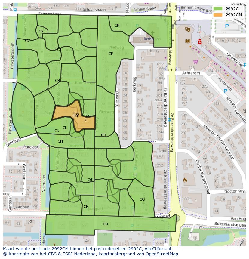 Afbeelding van het postcodegebied 2992 CM op de kaart.