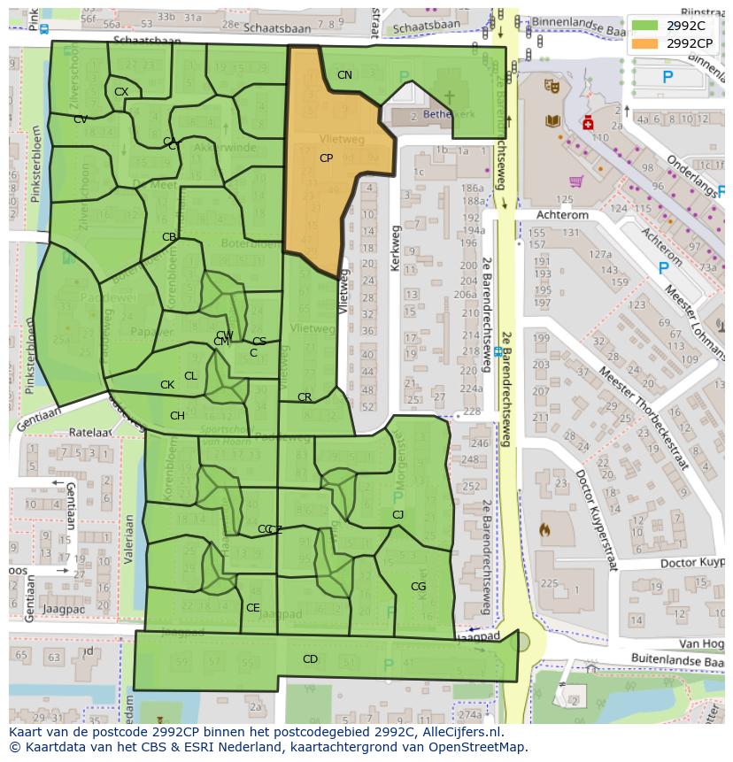 Afbeelding van het postcodegebied 2992 CP op de kaart.
