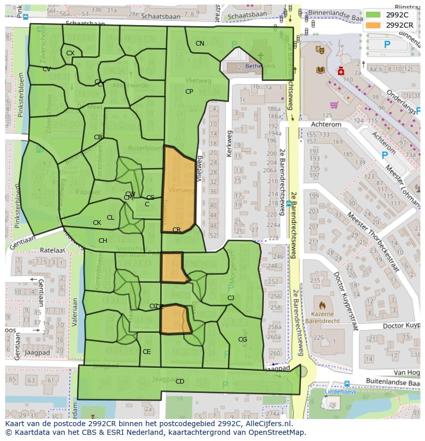 Afbeelding van het postcodegebied 2992 CR op de kaart.