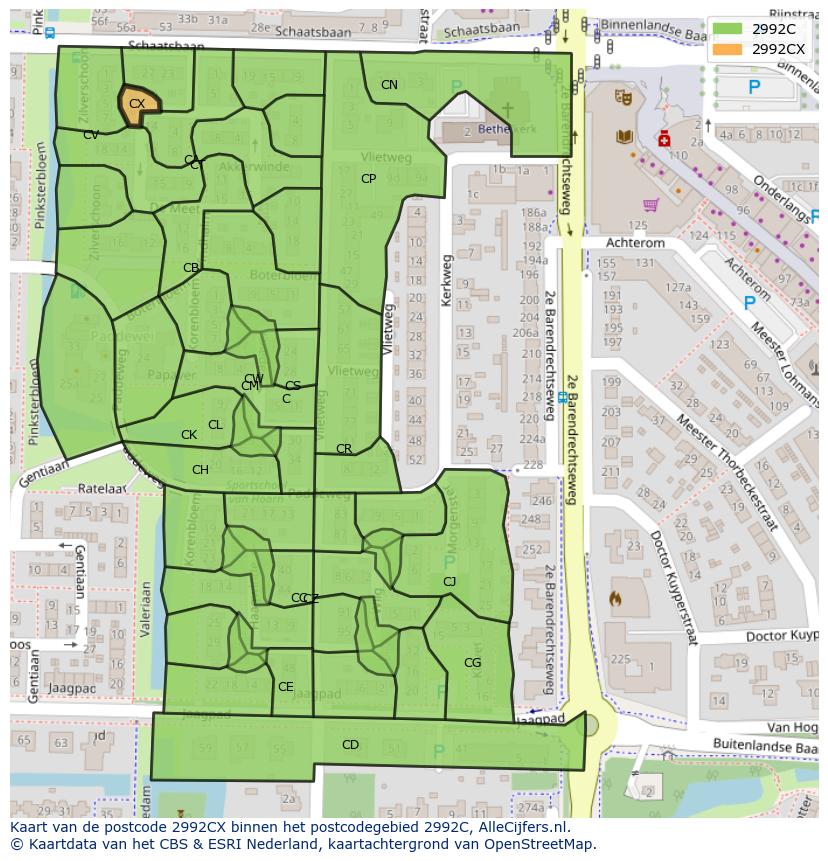 Afbeelding van het postcodegebied 2992 CX op de kaart.