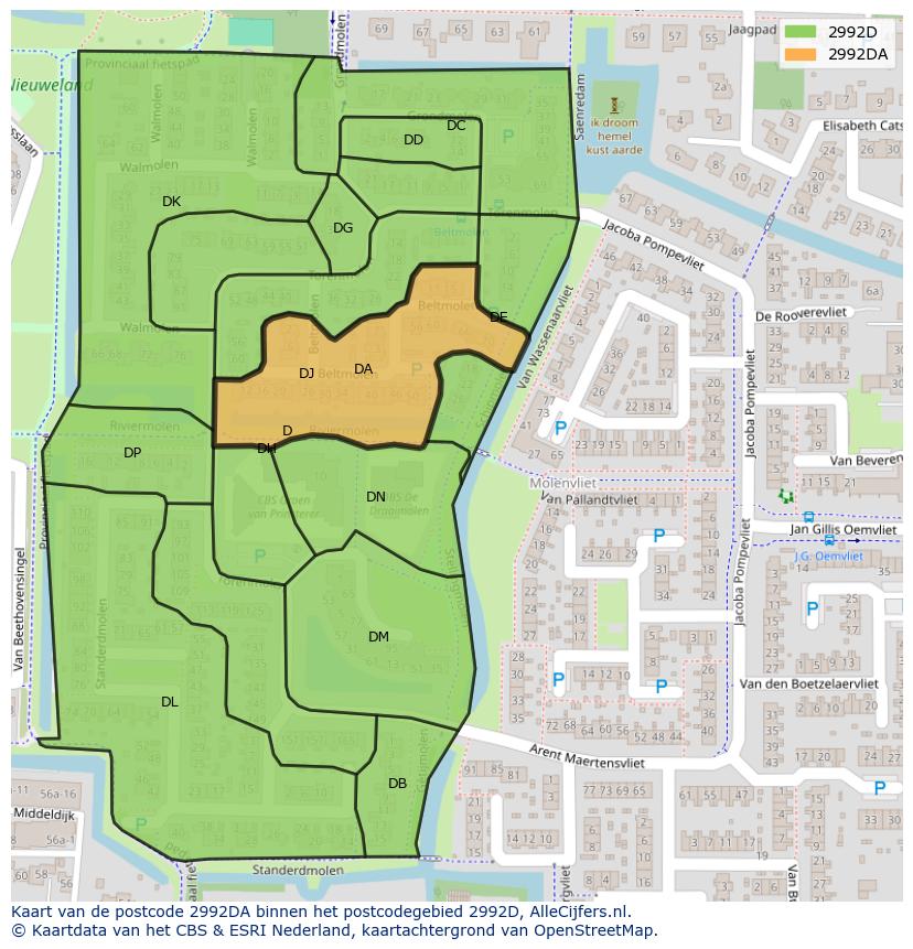 Afbeelding van het postcodegebied 2992 DA op de kaart.