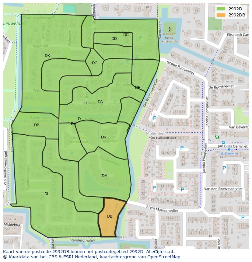 Afbeelding van het postcodegebied 2992 DB op de kaart.