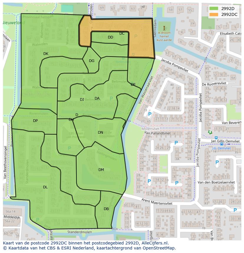 Afbeelding van het postcodegebied 2992 DC op de kaart.