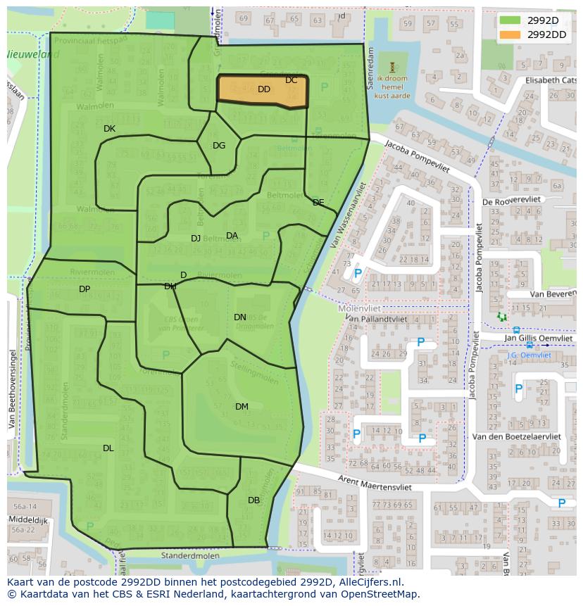 Afbeelding van het postcodegebied 2992 DD op de kaart.