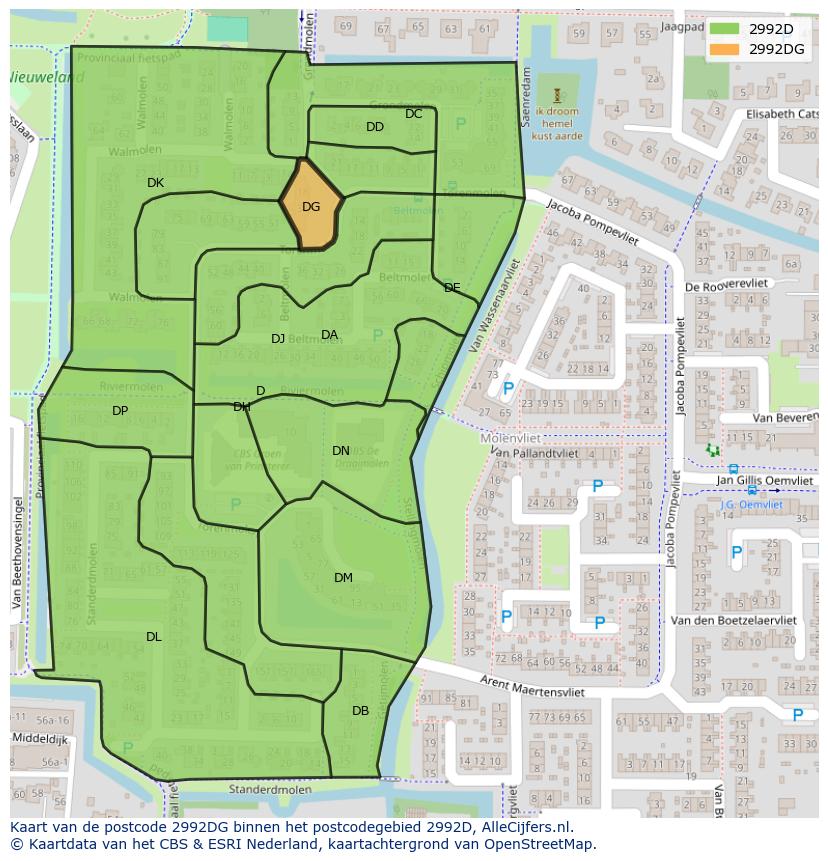 Afbeelding van het postcodegebied 2992 DG op de kaart.
