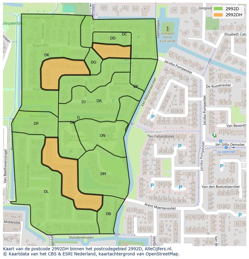 Afbeelding van het postcodegebied 2992 DH op de kaart.