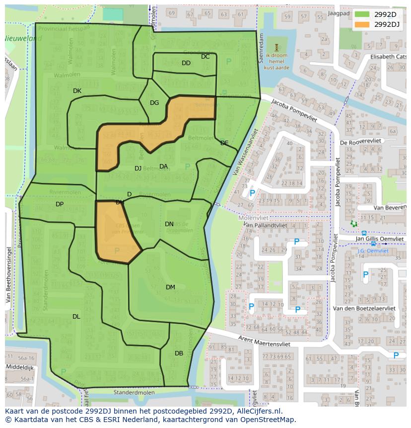 Afbeelding van het postcodegebied 2992 DJ op de kaart.