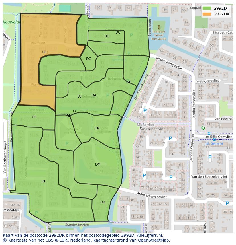 Afbeelding van het postcodegebied 2992 DK op de kaart.
