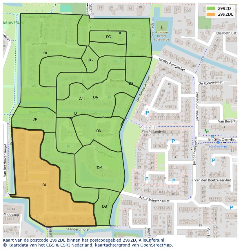 Afbeelding van het postcodegebied 2992 DL op de kaart.