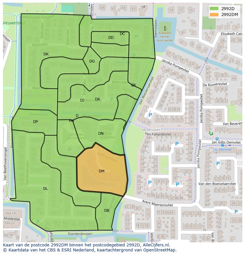 Afbeelding van het postcodegebied 2992 DM op de kaart.