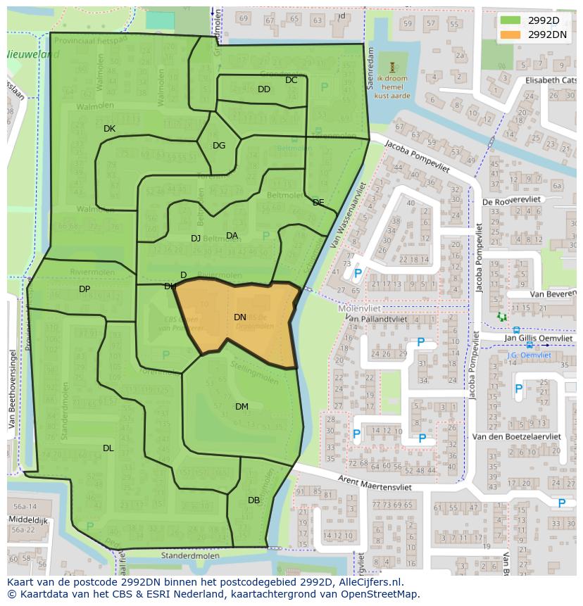 Afbeelding van het postcodegebied 2992 DN op de kaart.