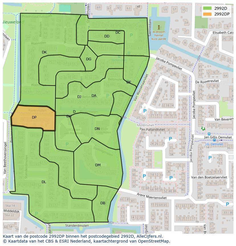Afbeelding van het postcodegebied 2992 DP op de kaart.