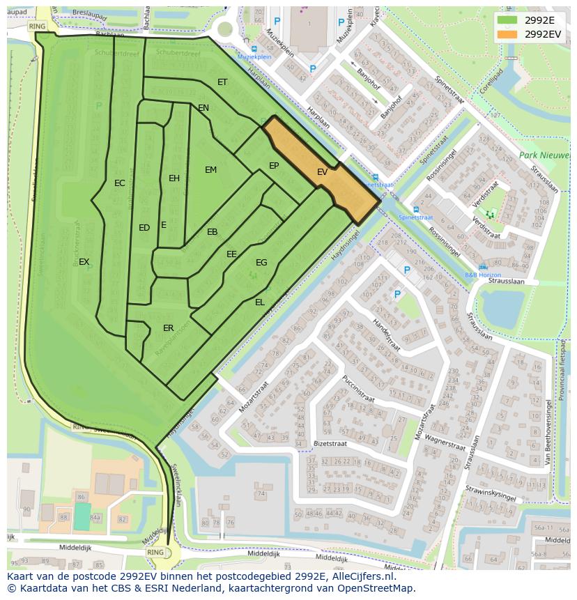 Afbeelding van het postcodegebied 2992 EV op de kaart.