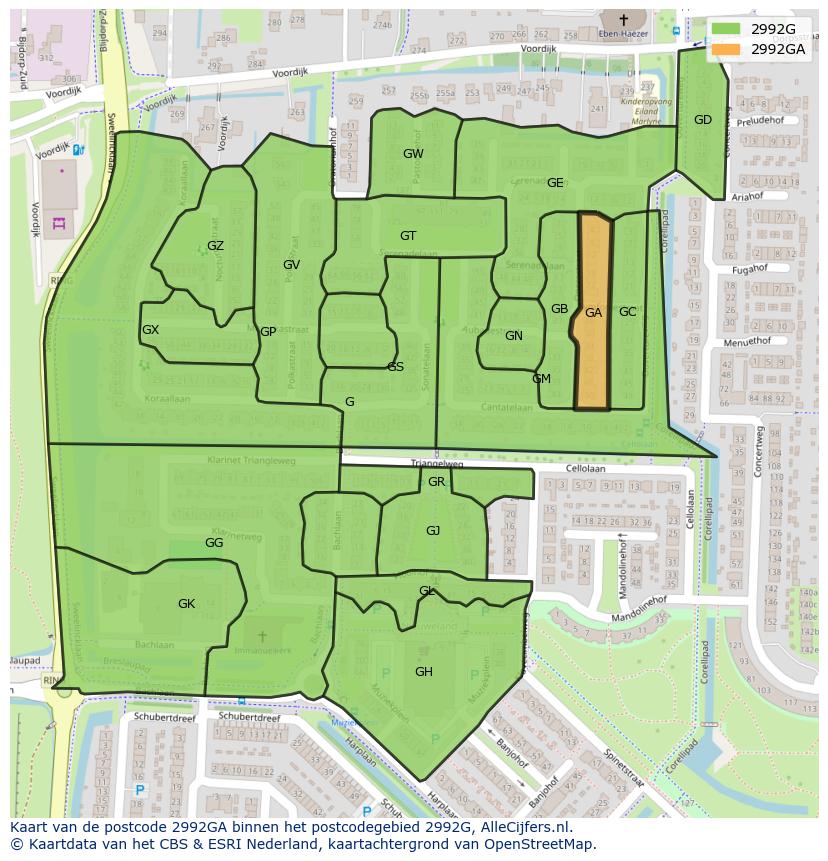 Afbeelding van het postcodegebied 2992 GA op de kaart.