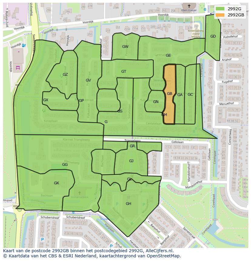 Afbeelding van het postcodegebied 2992 GB op de kaart.