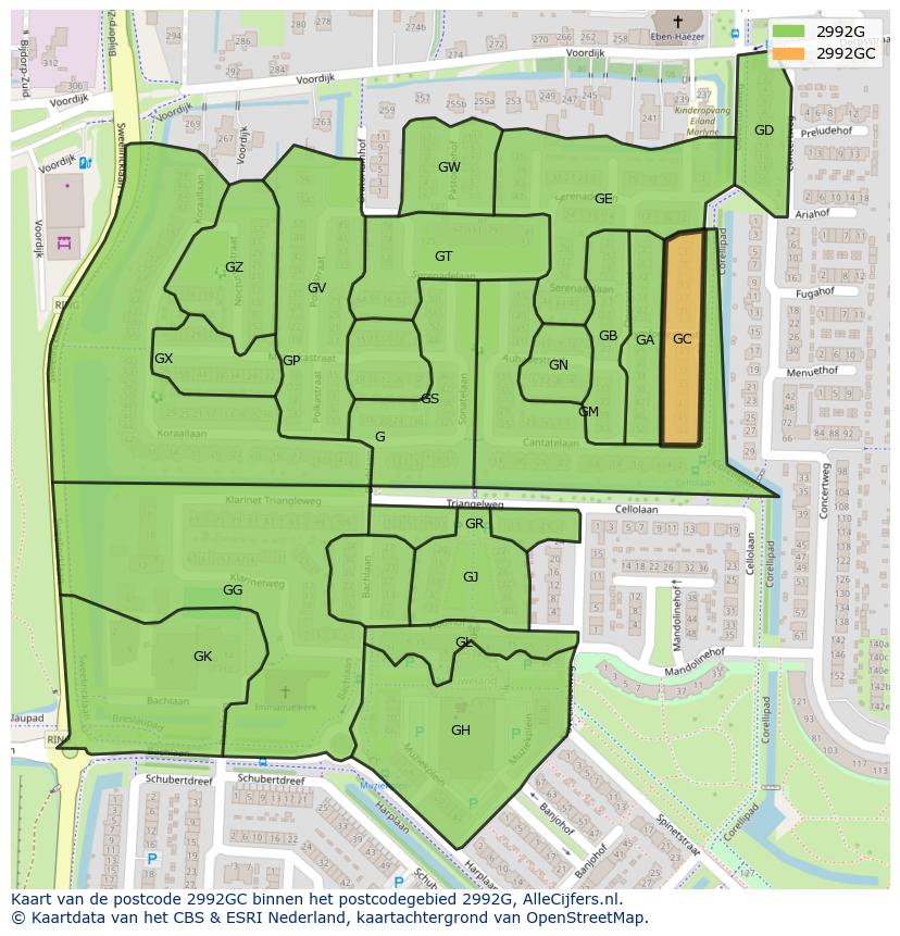 Afbeelding van het postcodegebied 2992 GC op de kaart.