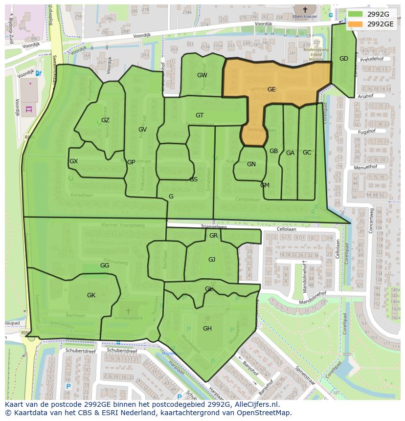 Afbeelding van het postcodegebied 2992 GE op de kaart.