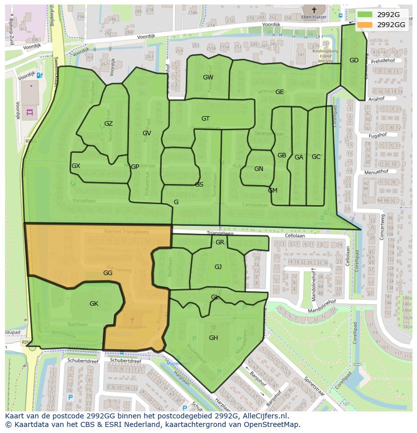 Afbeelding van het postcodegebied 2992 GG op de kaart.