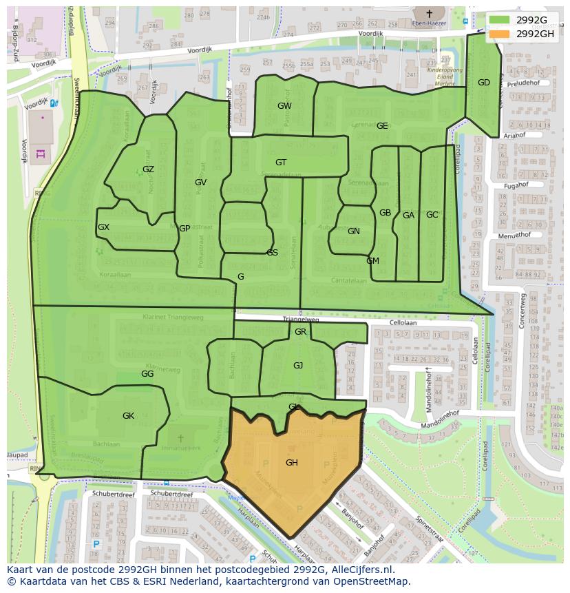 Afbeelding van het postcodegebied 2992 GH op de kaart.