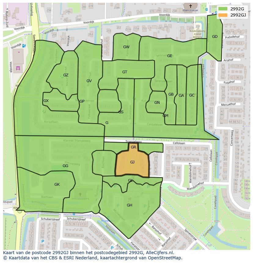 Afbeelding van het postcodegebied 2992 GJ op de kaart.