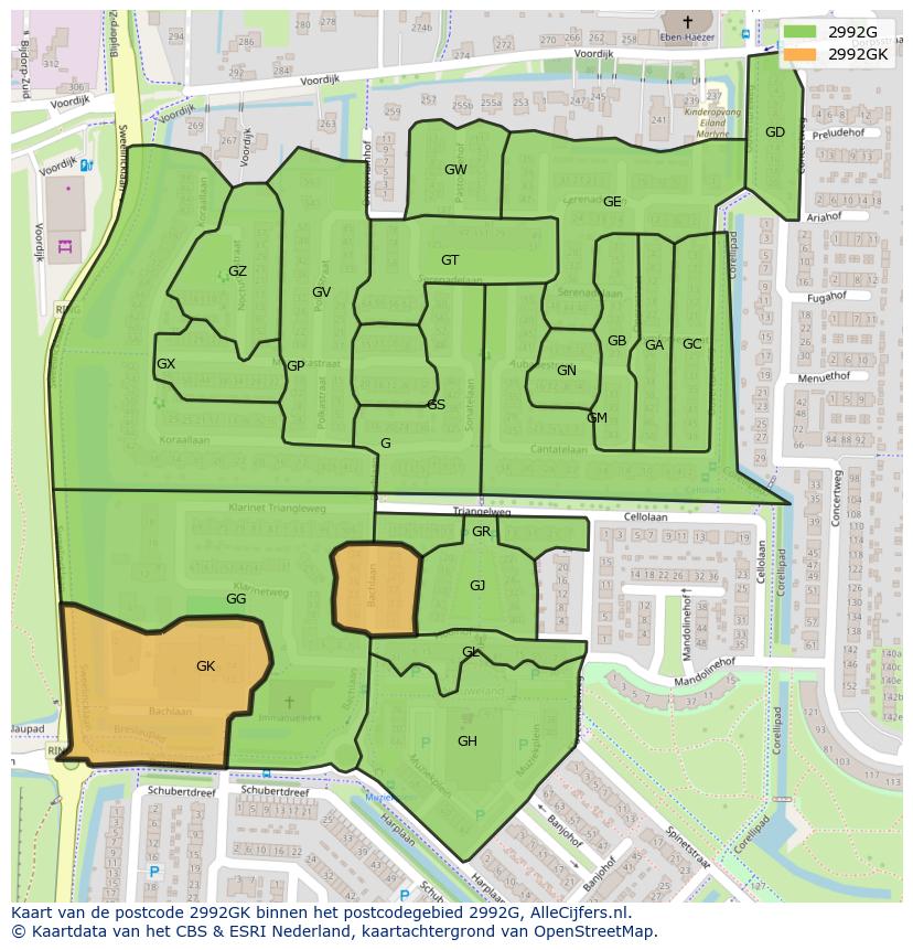 Afbeelding van het postcodegebied 2992 GK op de kaart.