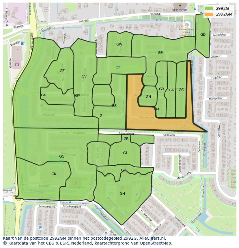 Afbeelding van het postcodegebied 2992 GM op de kaart.