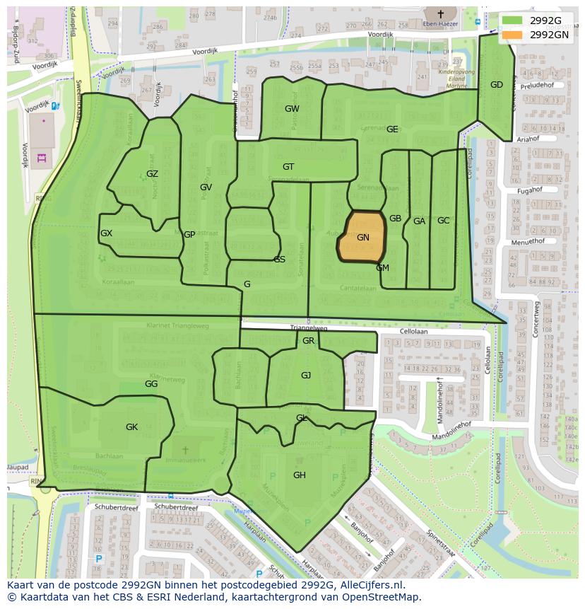 Afbeelding van het postcodegebied 2992 GN op de kaart.