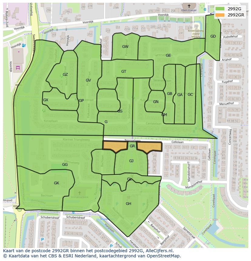 Afbeelding van het postcodegebied 2992 GR op de kaart.