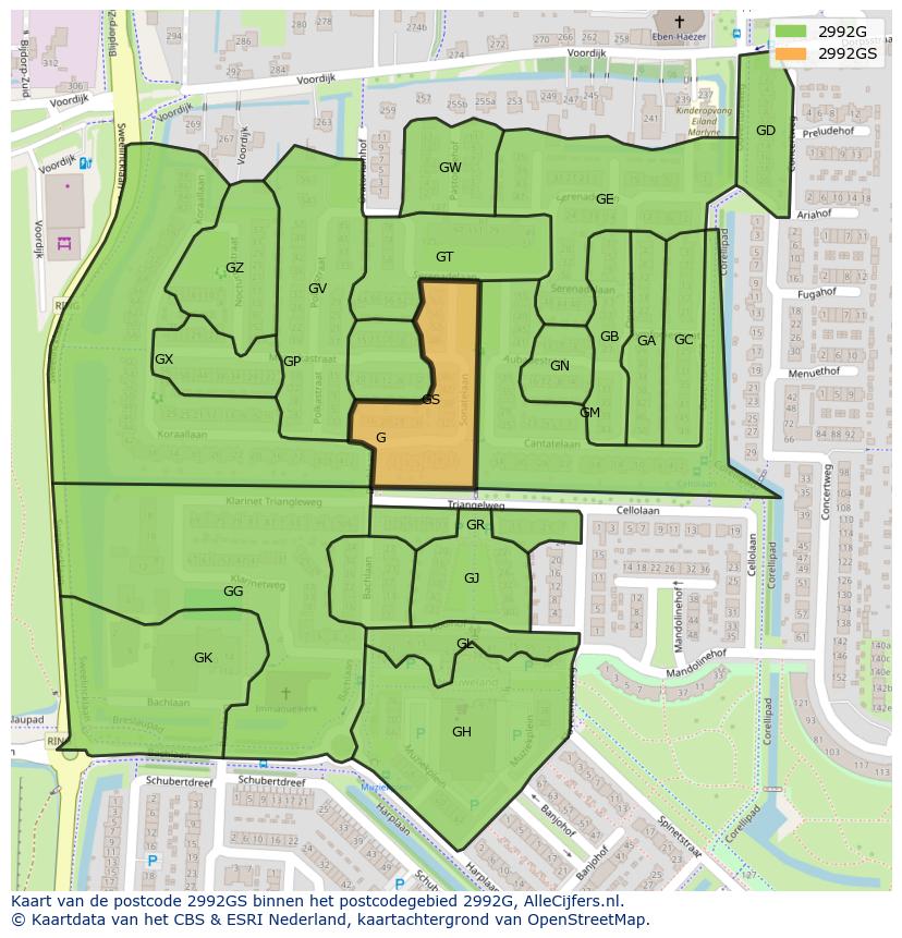 Afbeelding van het postcodegebied 2992 GS op de kaart.