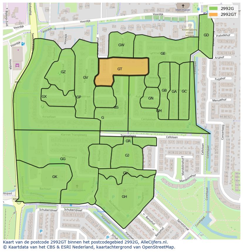 Afbeelding van het postcodegebied 2992 GT op de kaart.