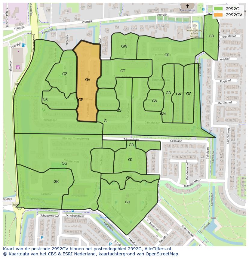 Afbeelding van het postcodegebied 2992 GV op de kaart.