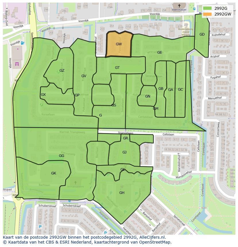 Afbeelding van het postcodegebied 2992 GW op de kaart.