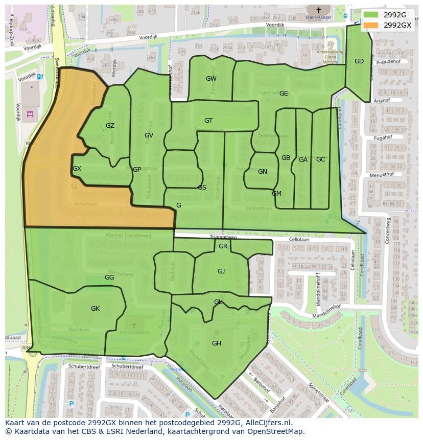 Afbeelding van het postcodegebied 2992 GX op de kaart.