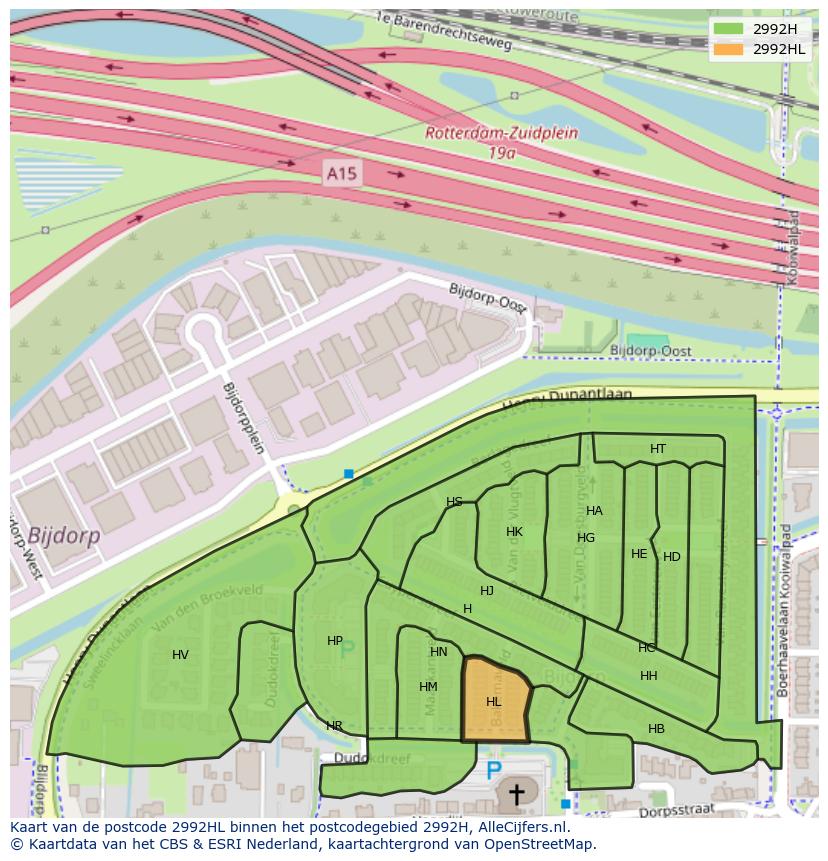 Afbeelding van het postcodegebied 2992 HL op de kaart.