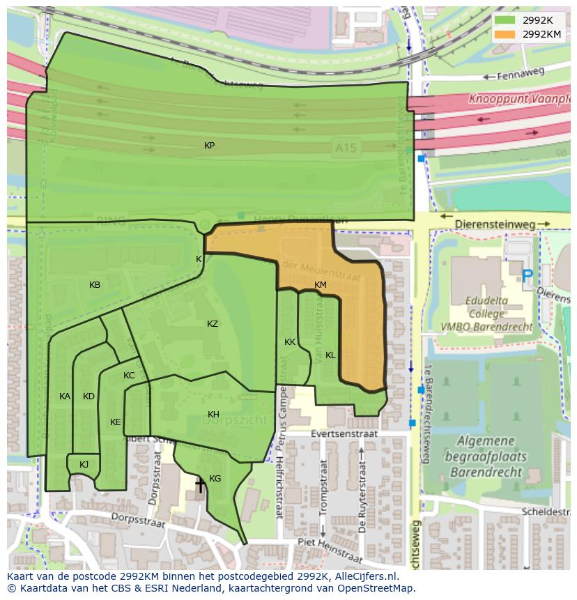 Afbeelding van het postcodegebied 2992 KM op de kaart.