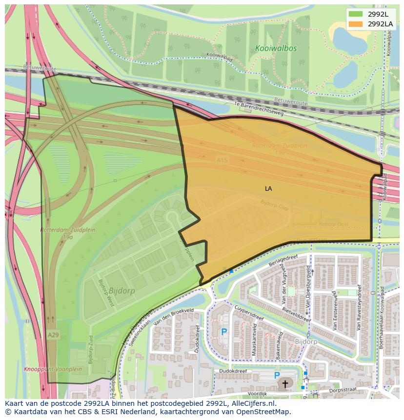 Afbeelding van het postcodegebied 2992 LA op de kaart.