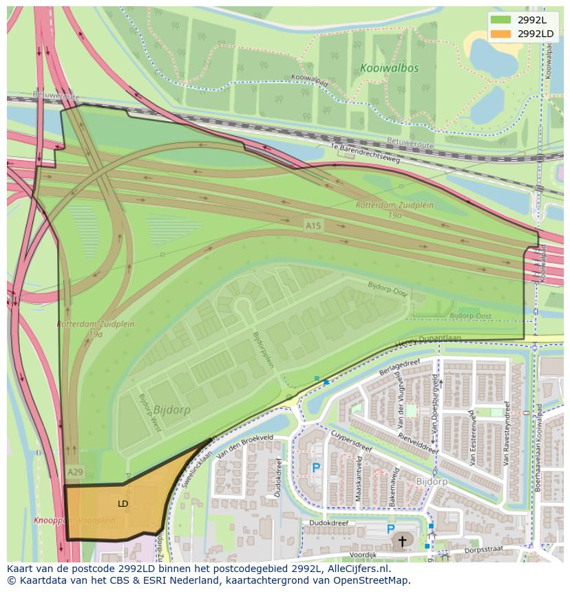 Afbeelding van het postcodegebied 2992 LD op de kaart.