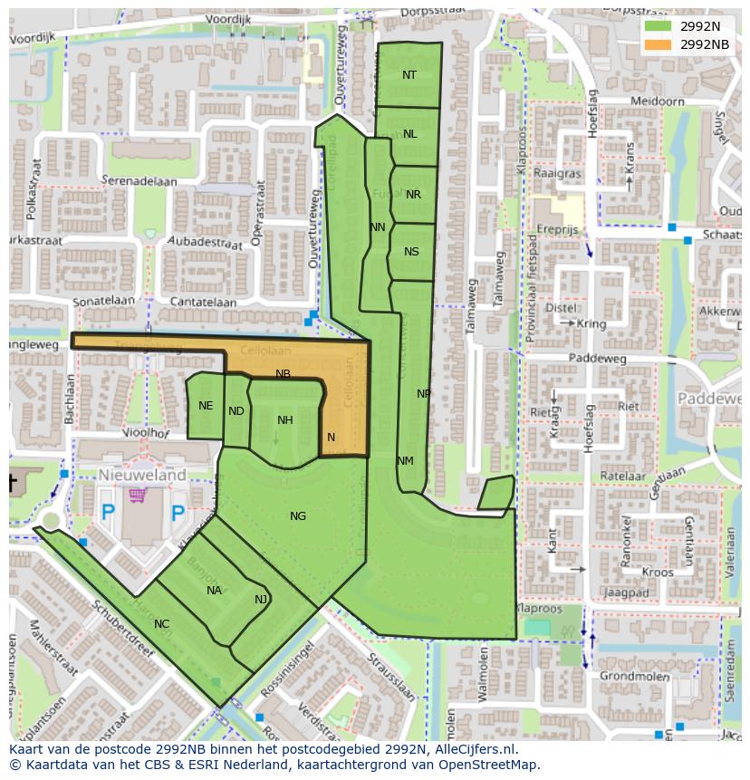 Afbeelding van het postcodegebied 2992 NB op de kaart.