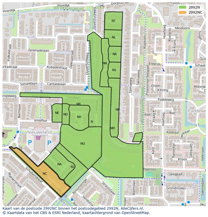 Afbeelding van het postcodegebied 2992 NC op de kaart.