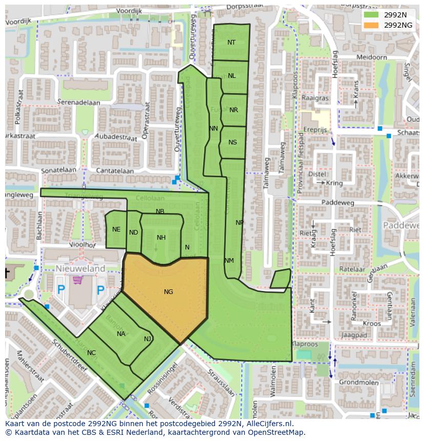 Afbeelding van het postcodegebied 2992 NG op de kaart.