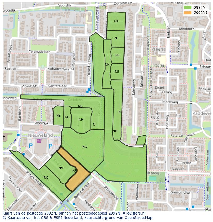 Afbeelding van het postcodegebied 2992 NJ op de kaart.