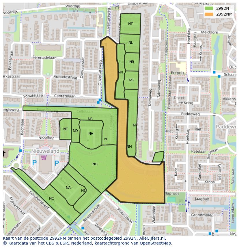 Afbeelding van het postcodegebied 2992 NM op de kaart.