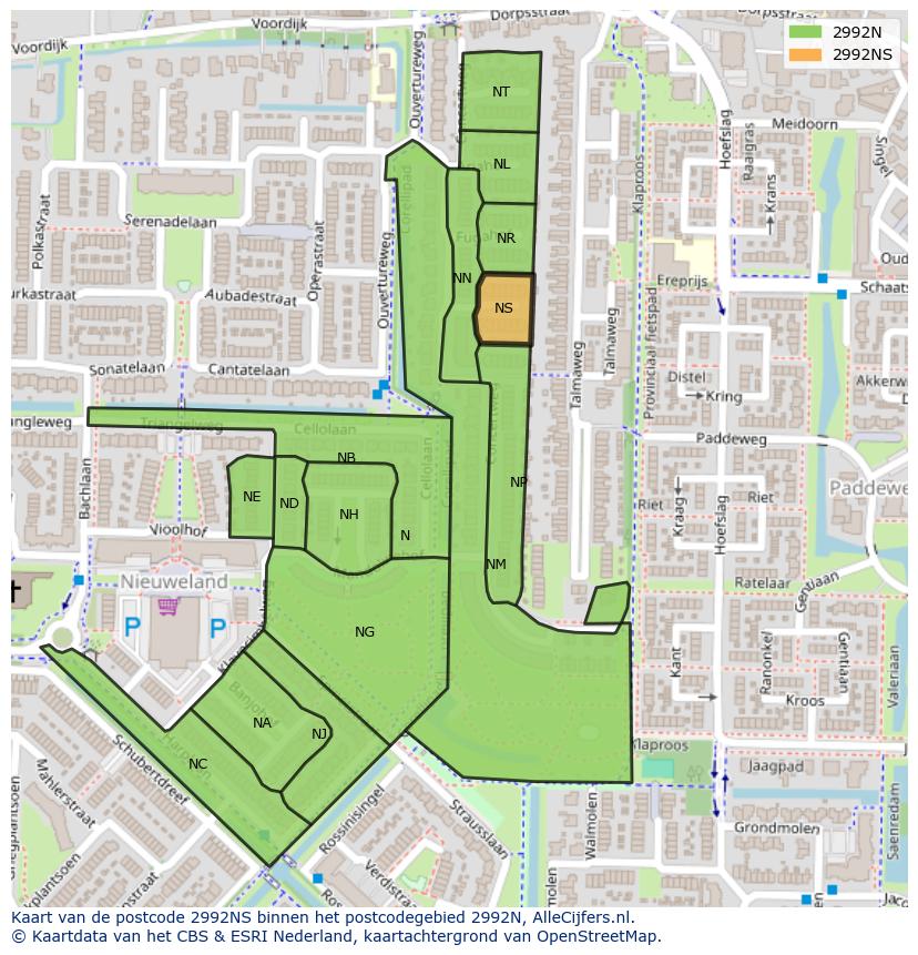 Afbeelding van het postcodegebied 2992 NS op de kaart.