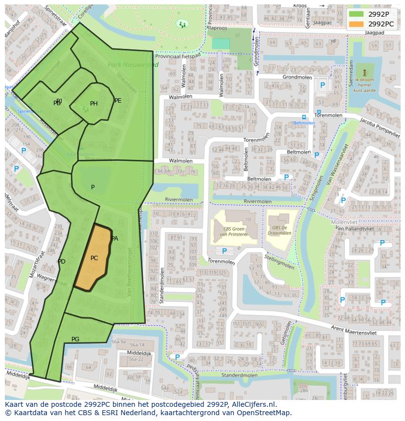 Afbeelding van het postcodegebied 2992 PC op de kaart.