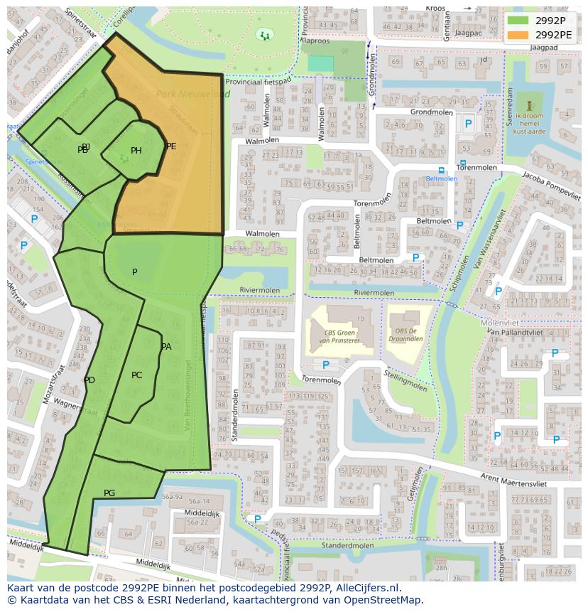Afbeelding van het postcodegebied 2992 PE op de kaart.