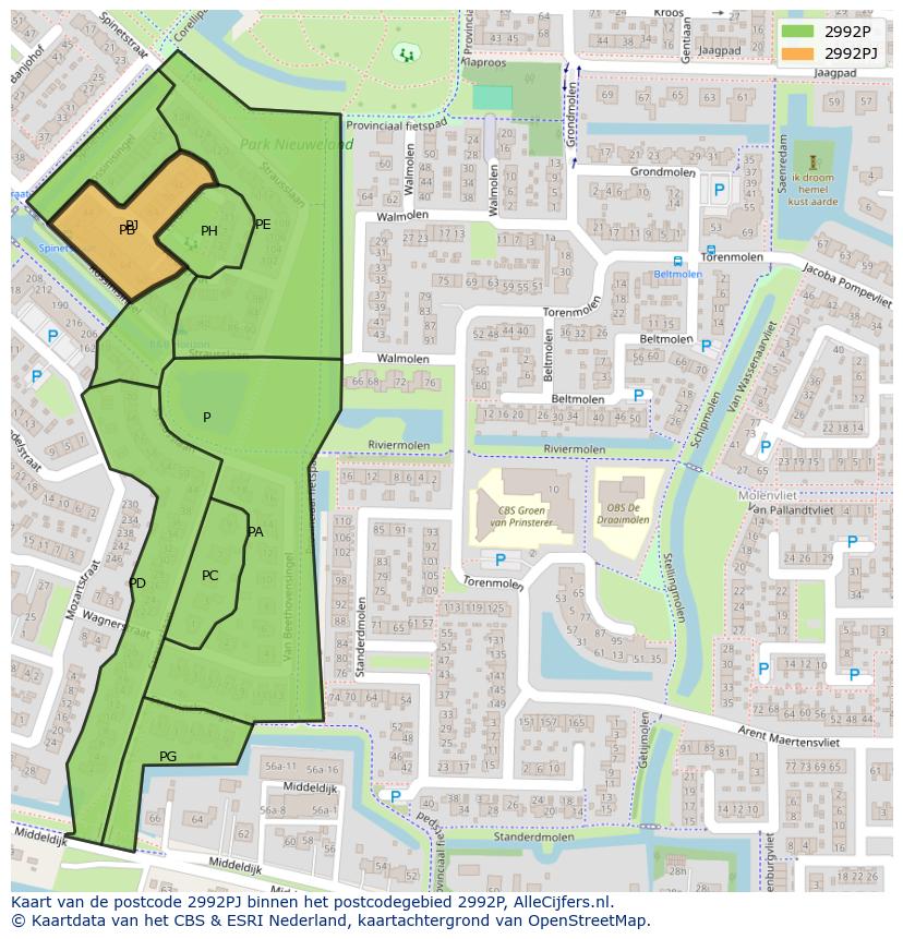 Afbeelding van het postcodegebied 2992 PJ op de kaart.