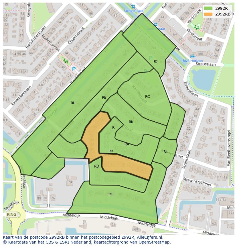 Afbeelding van het postcodegebied 2992 RB op de kaart.